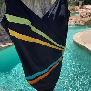 Gottex Swimsuit, Size 10, Made in Israel, Black with Green, Yellow, Blue &Orange